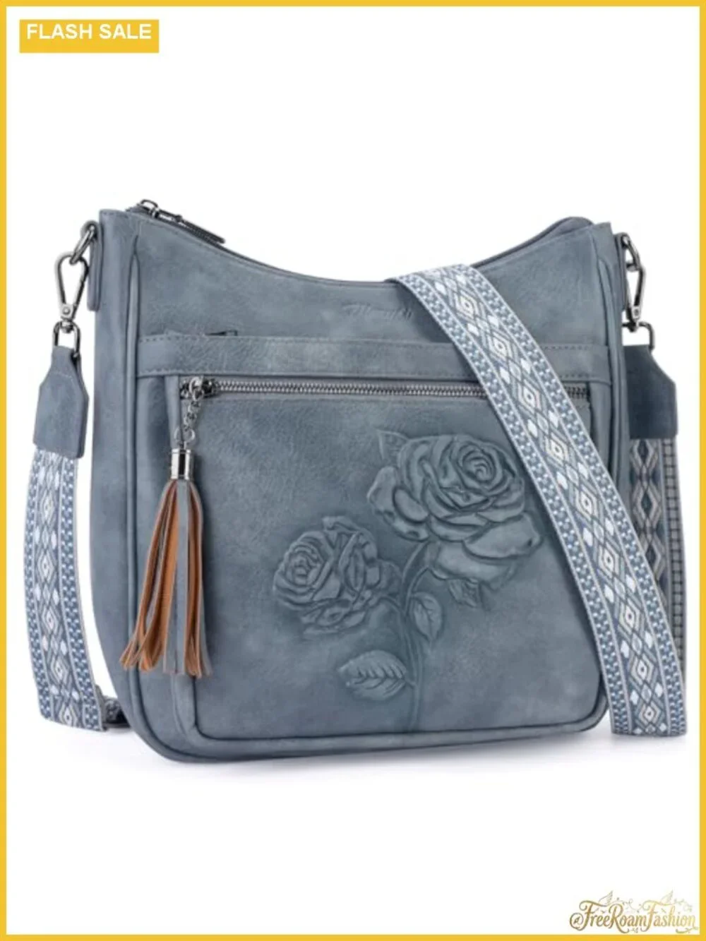 Vegan Leather Hobo Crossbody Bag with Floral Embossed Pattern, Adjustable